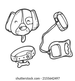 Dog accessories - pet equipment hand-drawn illustration, sketch style. vector dog collar and dog head character