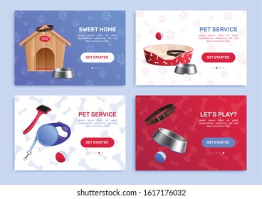 Dog accessories realistic cards with bowl for feeding tools for grooming toys for playing booth for sleep realistic vector illustration