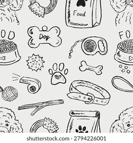 Dog accessories seamless pattern with puppy food, collar, and leash for pet shop wrapping paper or textiles. Hand drawn vector sketch illustration in vintage crayon charcoal style