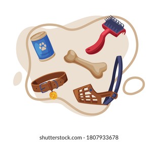 Dog Accessories Set, Pet Animal Stuff, Leather Dog Muzzle, Collar, Canned Food, Bone Cartoon Style Vector Illustration