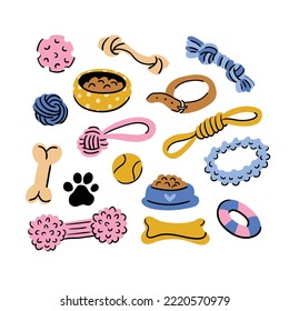 Dog Accessories Set, Pet Shop Products, Food, Toys, Treats. Cute Dog things vector illustration hand-drawn style.