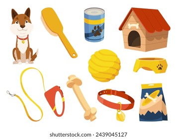 Dog accessories shop icons collection. Pet care supply accessories and decorative products. Petshop supermarket. Pet accessory. Vector illustration in flat style clip art