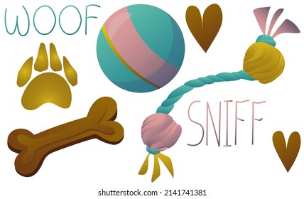dog accessories toys treats food paws vector set on white background