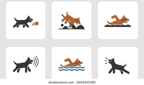 Dog Activity Icons: Active Pet Sports, Leisure, and Communication Illustrations Collection