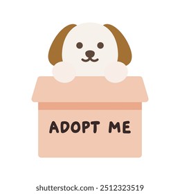 Dog in adopt me box. Pet adoption, shelter, helping homeless animal concepts. Suitable for poster, flyer. Flat vector design isolated illustration.