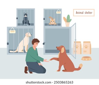 Dog adoption concept. Man taking dog from Animal shelter. Caged dogs and cats waiting for adoption. Charity, love, volunteering help concept. Vector illustration.