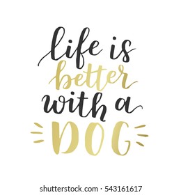 Dog adoption hand written lettering. Brush lettering quote about pets Life is better with a dog . Vector motivational saying with black and golden ink on white isolated background.