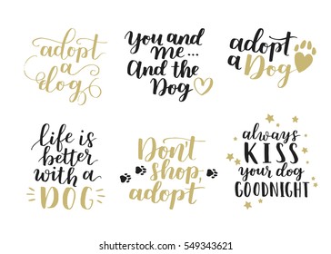 Dog adoption hand written lettering. Brush lettering quotes about the dog. Vector motivational saying ink on isolated background.