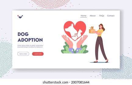 Dog Adoption Landing Page Template. Female Character Hold Kitten in Box near Heart Symbol. Care of Animals, Pets Rescue and Protection. People Adopt Cats Dogs from Shelter. Cartoon Vector Illustration