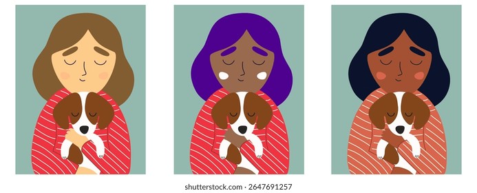 Dog Adoption Poster, Multicultural Women with Dogs, Animal Care Vector, Pet Love Illustration