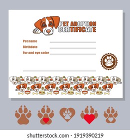 Dog adoption sertificate template. Cute pet head and text. Vector.