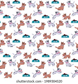 Dog adorable fummy animal. Seamless pattern puppy small friends. Domestic doggy character vector illustration. Cat adorable fummy animal. Set of cute kitty small friends. Domestic kitten character