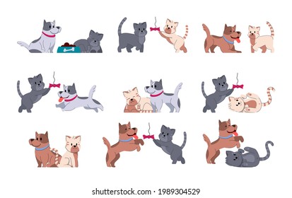 Dog adorable fummy animal. Set of cute puppy small friends. Domestic doggy character vector illustration. Cat adorable fummy animal. Set of cute kitty small friends. Domestic kitten character