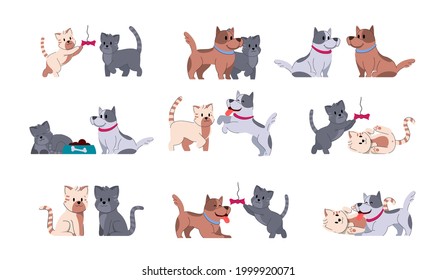 Dog adorable fummy animal. Set of cute puppy small friends. Domestic doggy character vector illustration. Cat adorable fummy animal. Set of cute kitty small friends. Domestic kitten character