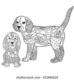 Dog Adult antistress or children coloring page. Hand drawn animal doodle. Sketch for tattoo, poster, print, t-shirt . Vector illustration