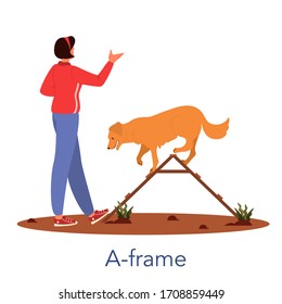 Dog agility a-frame. Training exercise for pet. Man training his pet dog. Happy puppy having agility lesson. Good trainer outdoor. Isolated vector illustration in cartoon style
