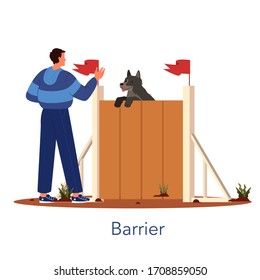 Barrera de agilidad del perro. Ejercicio de entrenamiento para mascotas. Hombre entrenando a su perro mascota. Feliz cachorro con una lección de agilidad. Buen entrenador al aire libre. Ilustración vectorial aislada en estilo caricaturista