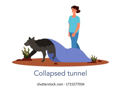 Dog agility collapsed tunnel. Training exercise for pet. Woman training her pet dog. Happy puppy having agility lesson. Good trainer outdoor. Isolated vector illustration in cartoon style