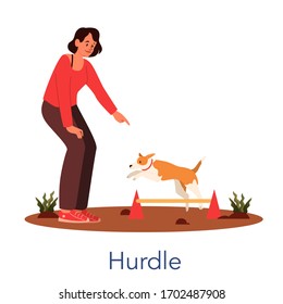 Rol de agilidad de perro. Ejercicio de entrenamiento para mascotas. Hombre entrenando a su perro mascota. Feliz cachorro con una lección de agilidad. Buen entrenador al aire libre. Ilustración vectorial aislada en estilo caricaturista