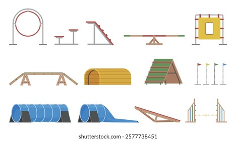 Dog agility outdoor equipment canine pet playground set isometric vector illustration. Veterinary breeding domestic animal construction different shape for running jumping training tricks