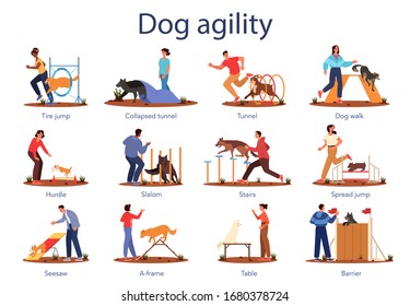 Dog agility set. Training exercise for pet. Woman and man training their pet dog. Happy puppy having agility lesson. Good trainer outdoor. Isolated vector illustration in cartoon style