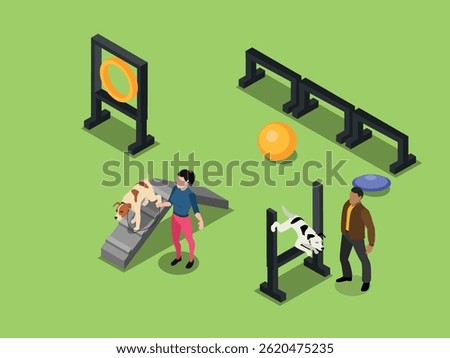 dog agility training course with various obstacles such as a jump, tunnel, weave poles, and A-frame, along with trainers and dogs in action 3d isometric illustration