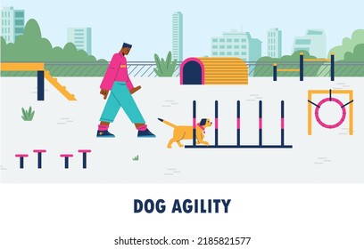 Curso de entrenamiento de la agilidad de los perros para mascotas jóvenes, cachorros y preparación de espectáculos, dibujos animados de ilustración plana vectorial. Cartel de entrenamiento de perros, órdenes de enseñanza.