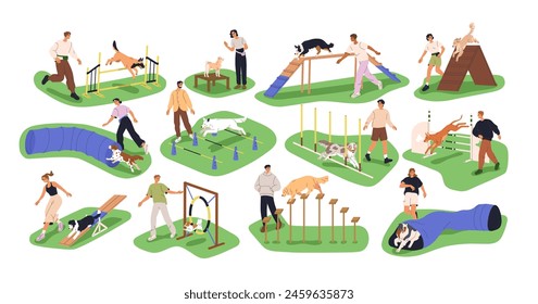 Hundeagilitätstraining am Outdoor-Spielplatz-Set. Welpen, die Hunde-Hindernislauf ausführen, durch Tunnel laufen, Hürden springen. Eigentümer, Trainer, die smarte Hunde unterrichten. flache Vektorillustration