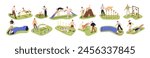 Dog agility training outdoors. Canine exercising, jumping hurdles, running through tunnel. Puppies, obstacle equipment at playground. Flat graphic vector illustrations set isolated on white background