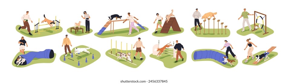 Dog agility training outdoors. Canine exercising, jumping hurdles, running through tunnel. Puppies, obstacle equipment at playground. Flat graphic vector illustrations set isolated on white background svg