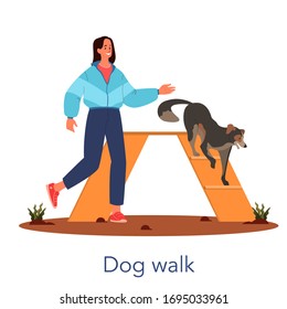 Dog agility dog walk. Training exercise for pet. Woman training her pet dog. Happy puppy having agility lesson. Good trainer outdoor. Isolated vector illustration in cartoon style