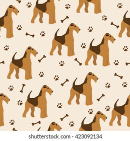 Dog airedale terrier pattern seamless with bone and footprint