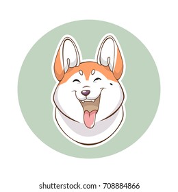 Dog Akita-inu. Muzzle dog breed Akita-inu with his tongue hanging out, sketch vector graphics color picture, full face  closed eyes with a satisfied smile, happy dog. Vector.