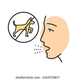 Dog allergy color icon. Allergic reaction of body. Allergenic pet dander, saliva and fur. Ban of dogs. Respiratory disease caused by animal allergens. Isolated vector illustration