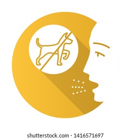 Dog allergy flat design long shadow glyph icon. Allergic reaction. Allergenic pet dander, saliva and fur. Ban of dogs. Respiratory disease caused by animal allergens. Vector silhouette illustration