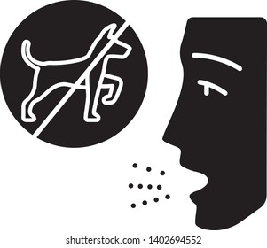 Dog allergy glyph icon. Allergic reaction. Allergenic pet dander, saliva and fur. Ban of dogs. Respiratory disease caused by animal. Silhouette symbol. Negative space. Vector isolated illustration