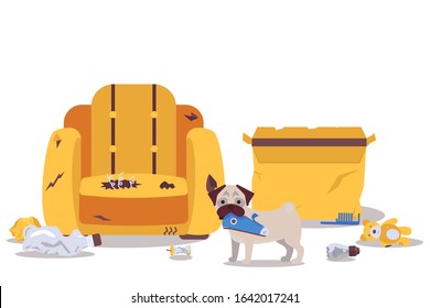 Dog alone at home destroys room furniture vector illustration. Naughty puppy causes mess in apartment, torn armchair, broken items on floor. Dog pet indoor, animal bad behavior, cartoon style design