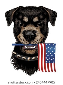Dog with American flag in his mouth. Vector illustration.