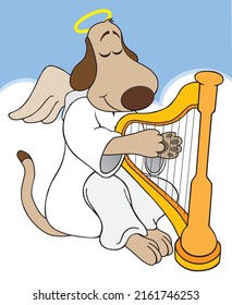 A dog angel is happily strumming his harp in heaven