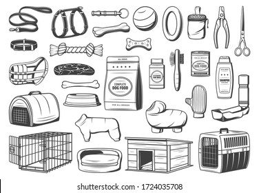 Dog Animal Care Supply Isolated Icons Of Pet Shop Vector Design. Dog Or Puppy Food, Toys And Grooming Accessories, Feeding Bowl, Collar And Leash, Kennel, Bed, Carrier And Harness, Brush And Shampoo