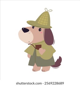 Dog Animal Detective Character with Smoking Pipe Investigating and Search for Evidence Vector Illustration