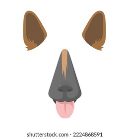 Máscara animal de perro para ilustración vectorial de aplicación móvil. Caricatura de perro máscara facial con nariz y orejas sobre fondo blanco. Concepto de filtro de chat por vídeo o foto