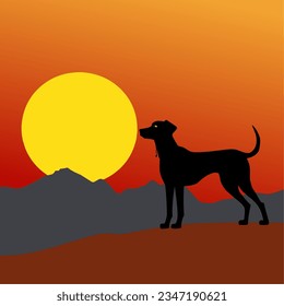 dog animal with mountain view and sun red background animation vector illustration