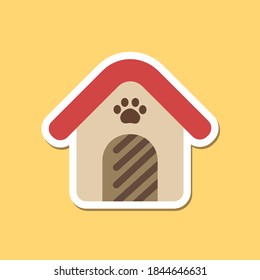 Dog, animal or pet house with red roof and paw  sign cute sticker patch design. Simple minimal flat vector illustration with white outline.