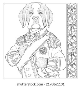 Dog animal portrait. Fairytale design, coloring book page for adults and kids