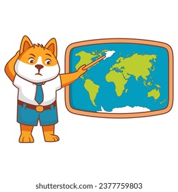 A dog animal student at the blackboard in a geography lesson.Boy dog cartoon having geography lesson.Elementary school education.World map.Character vector illustration.Back to school.