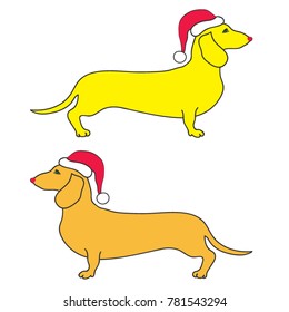 Dog - animal symbol of new year 2018. Dachshund in Santa hat, vector illustration.