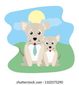 dog animal with tie and his son in the landscape