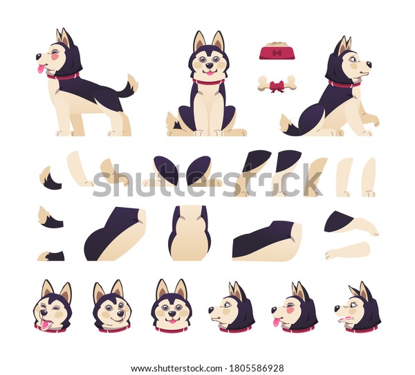 犬のアニメーション 動く体の部分を持つかわいいマンガのペットの動き 様々な姿勢の幸せな子犬 動物の感情のベクター画像コレクション フラットデザイン のベクター画像素材 ロイヤリティフリー