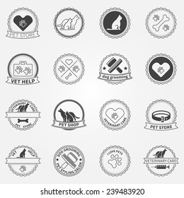 Dog ans cats logos and badges - vector pet shop or vet care and grooming black labels